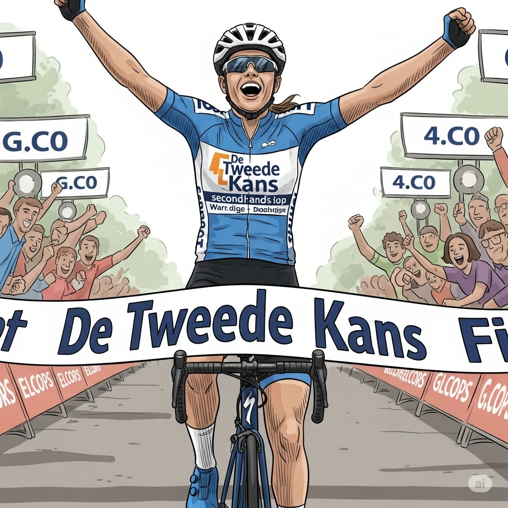 Afbeelding van wielrenster die als overwinnaar over de streep gaat, met shirtreclame "De Tweede Kans" (afbeelding met AI gemaakt)